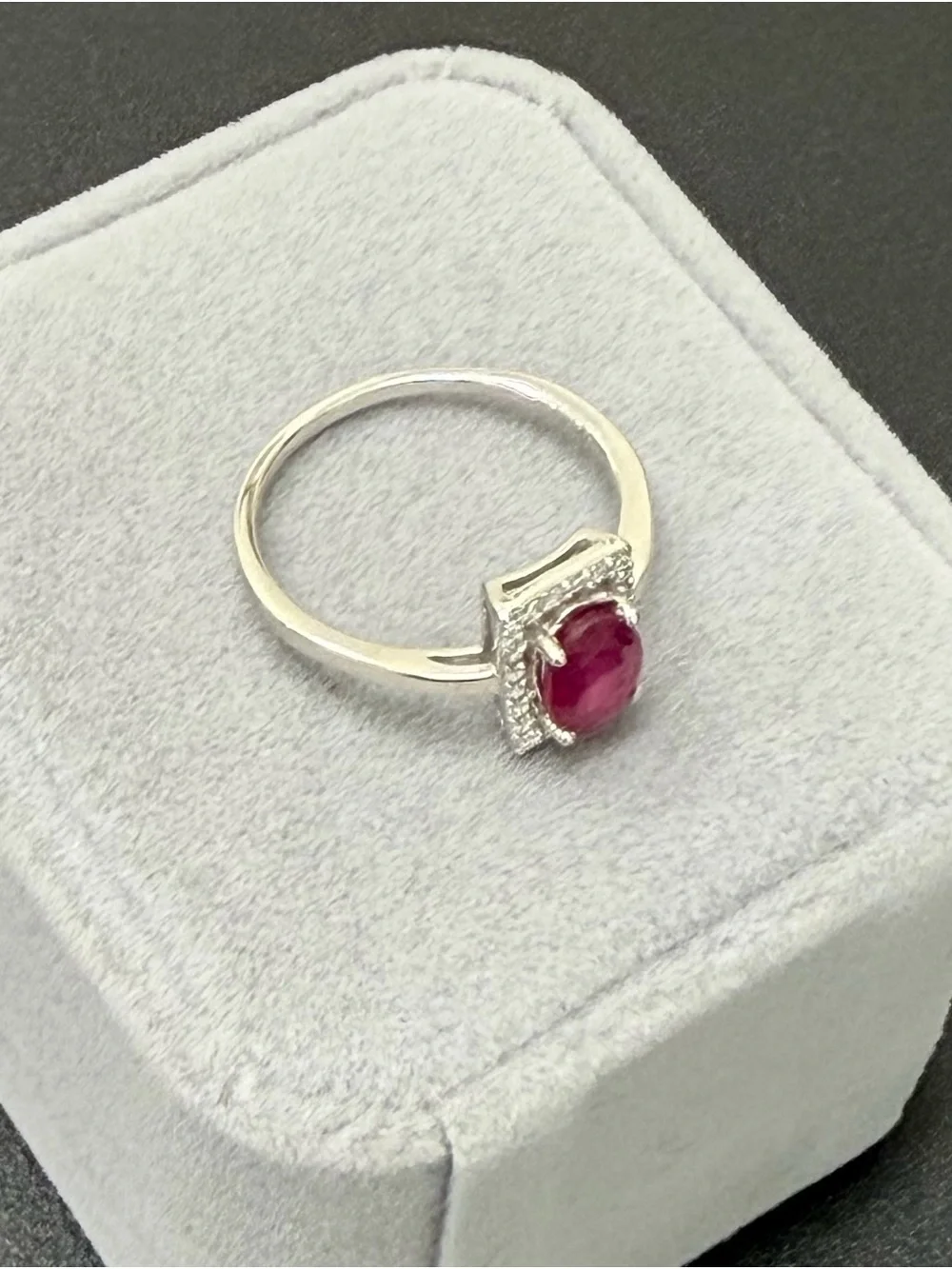 Stunning Natural Red Ruby .90CT w/ Rectangle Halo 925 Sterling Silver Sz 6.75